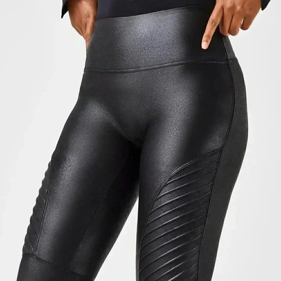 Spanx Faux Leather Moto Leggings Black Shaping Waistband Size Small - Picture 2 of 14